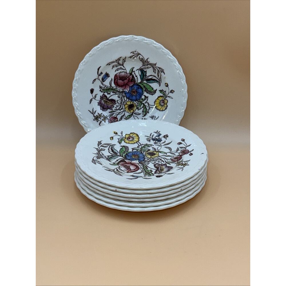 7 Vernon Kilns California USA May Flower Floral Desert Plates 6 1/2" Mayflower